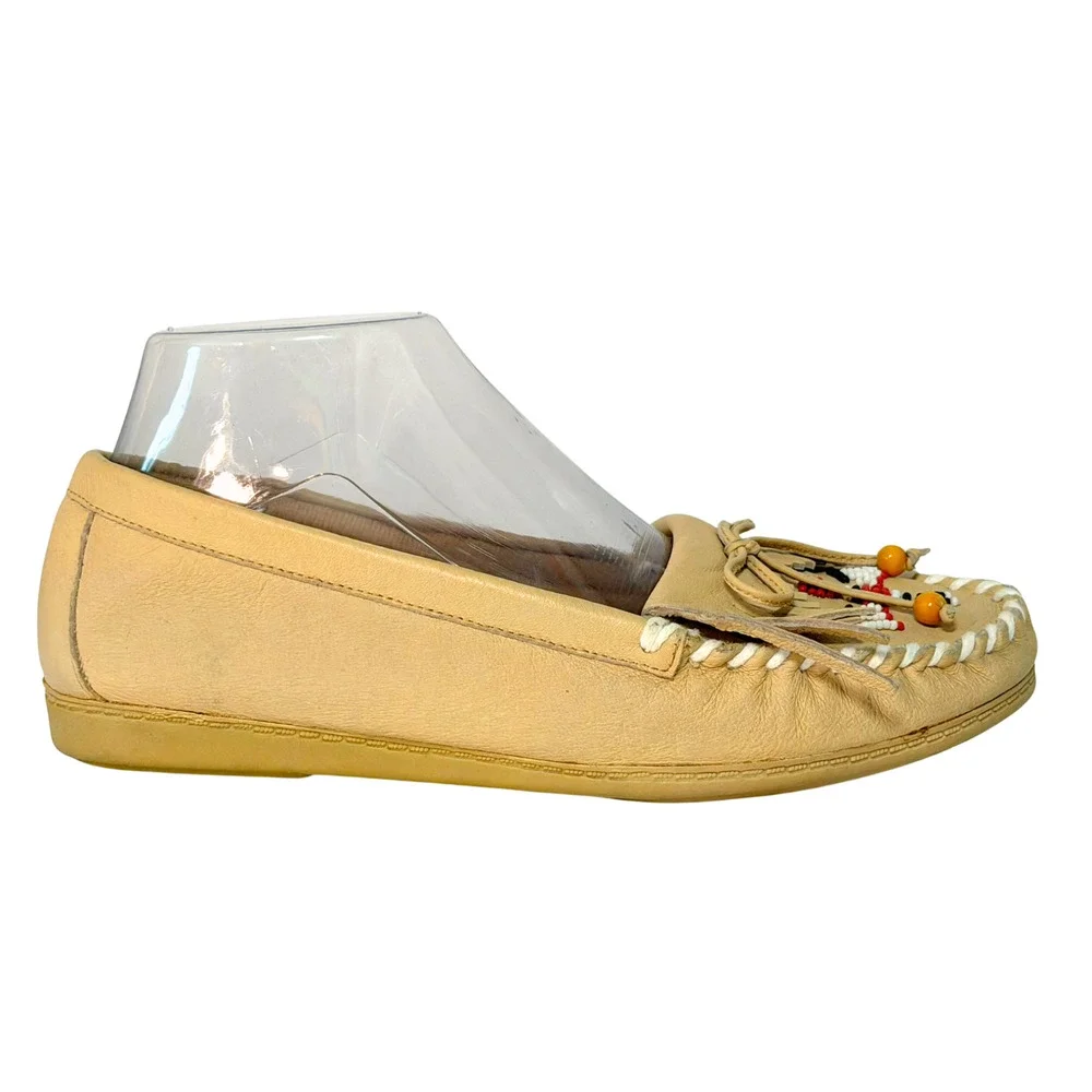 Hunter's Run Sz 8 Beaded Moccasins Classic Kiltie Fringe Beige Boho Cowgirl Vtg